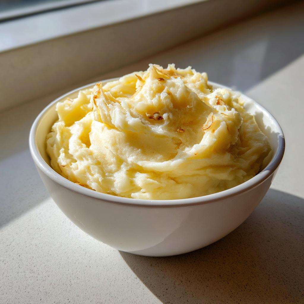 Bowl of creamy garlic mashed potatoes with roasted garlic on top