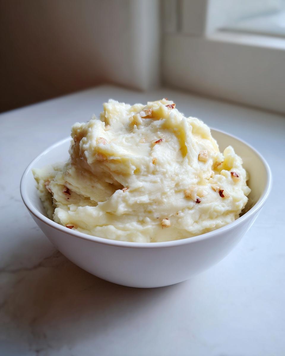 Bowl of creamy garlic mashed potatoes with small garlic pieces on top