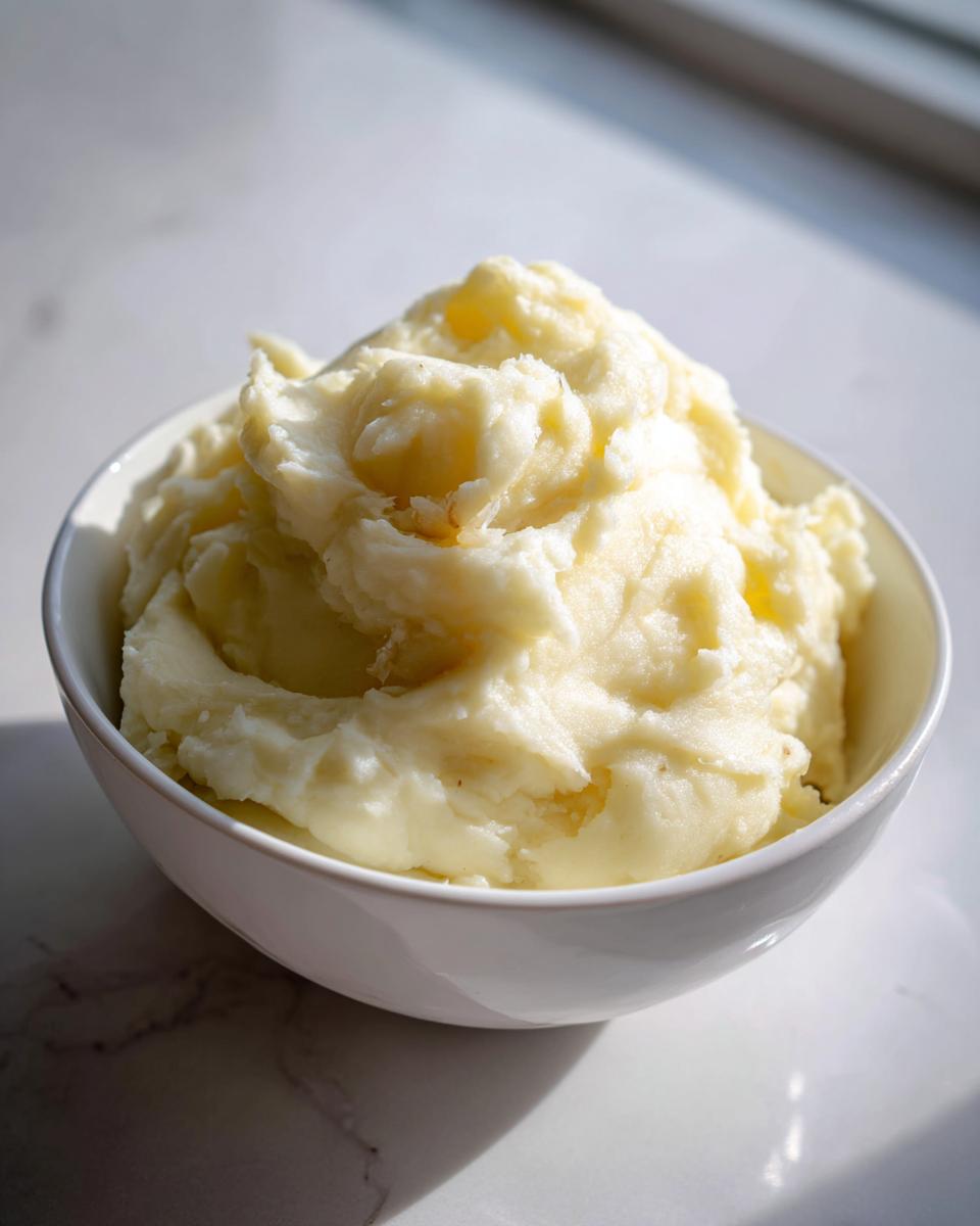 Bowl filled with creamy garlic mashed potatoes on a marble surface in natural light.