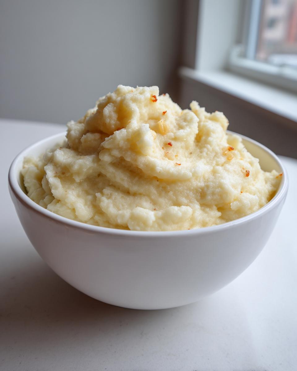 Close-up of creamy garlic mashed potatoes served in a white bowl near window light.