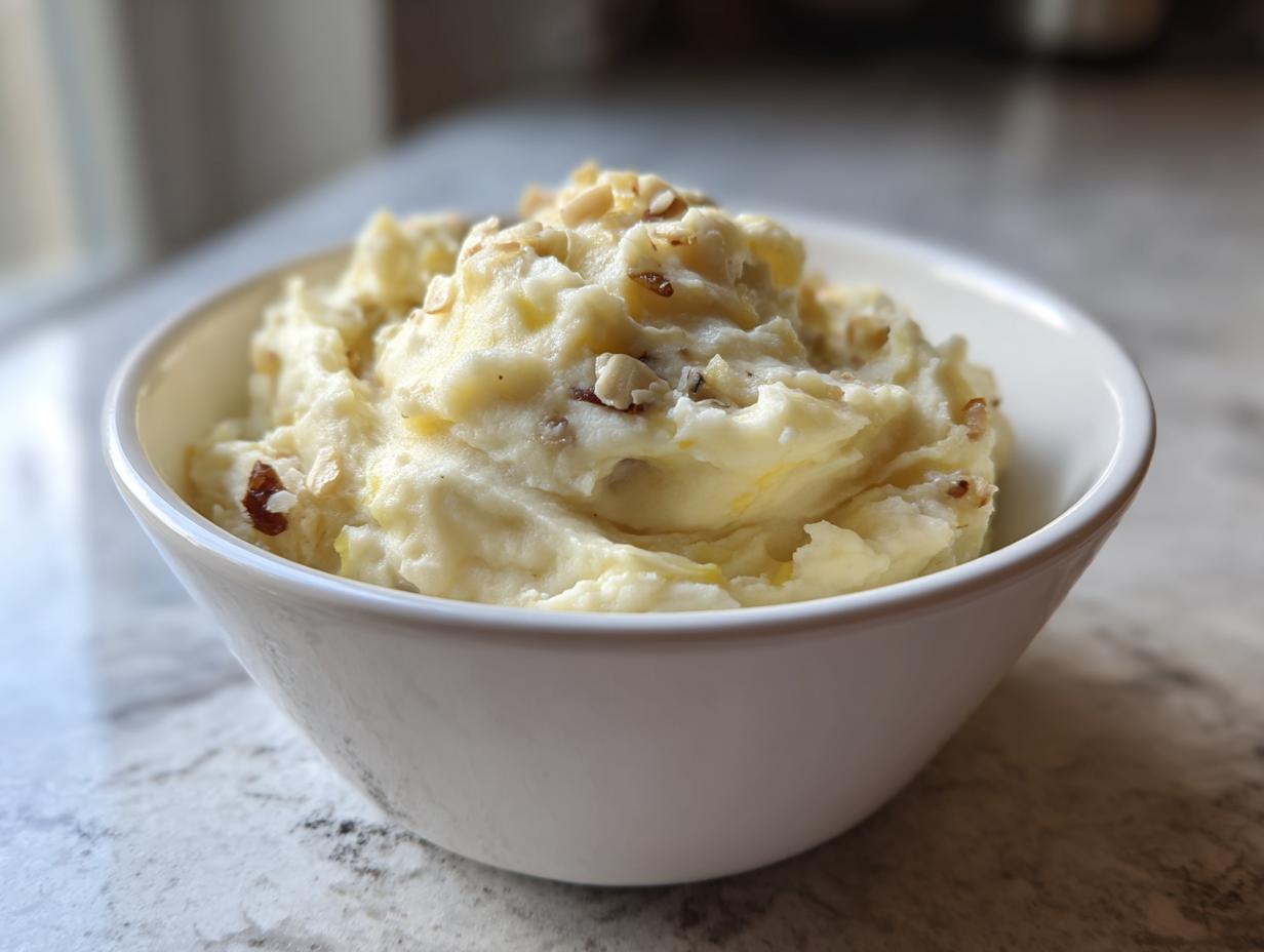 A white bowl filled with creamy garlic mashed potatoes topped with chopped nuts.