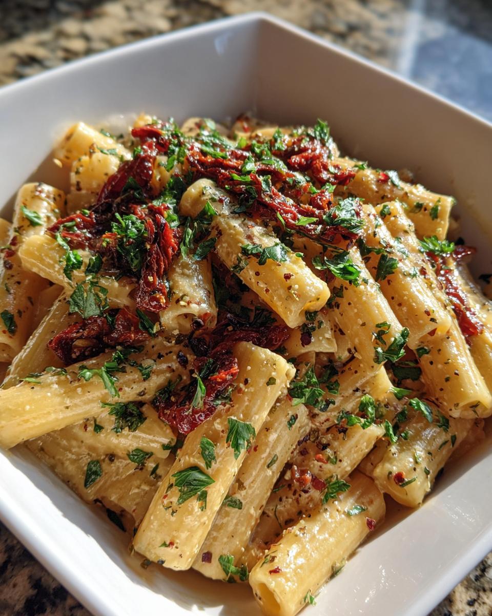 Bowl of creamy garlic sun dried tomato pasta garnished with parsley and spices.