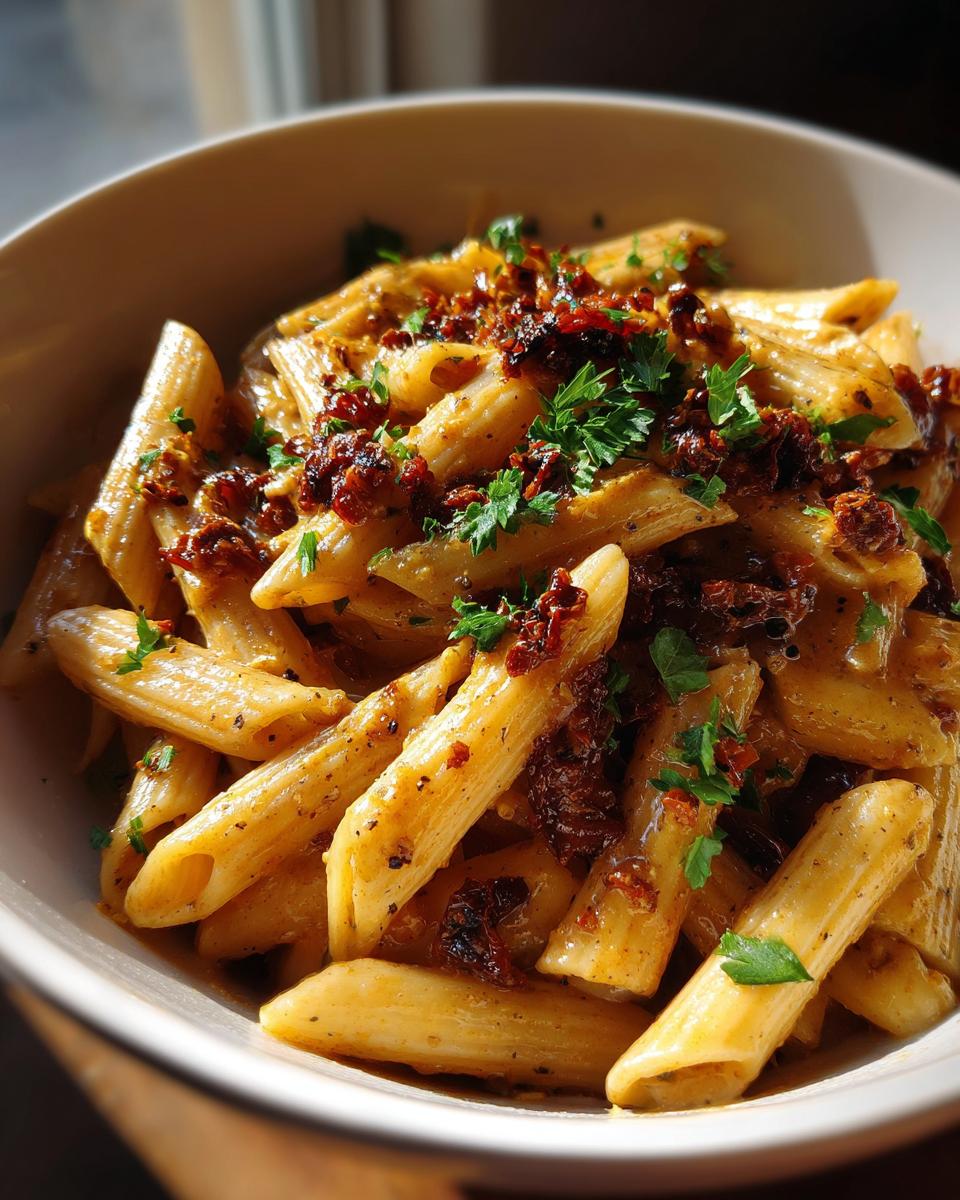 Close-up of creamy garlic sun dried tomato pasta garnished with fresh parsley in white bowl