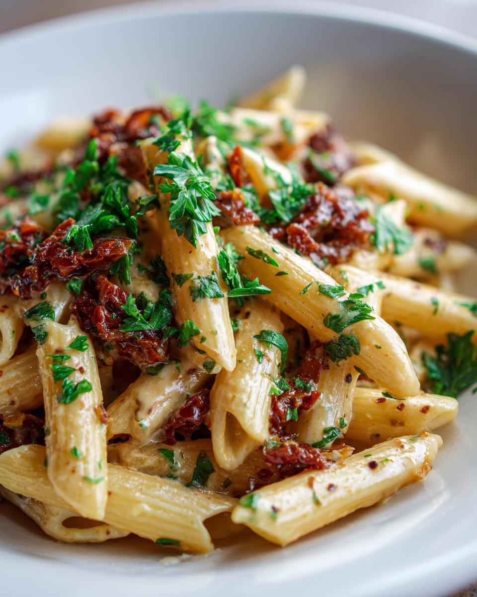 Close-up of creamy garlic sun dried tomato pasta garnished with fresh parsley in a white bowl