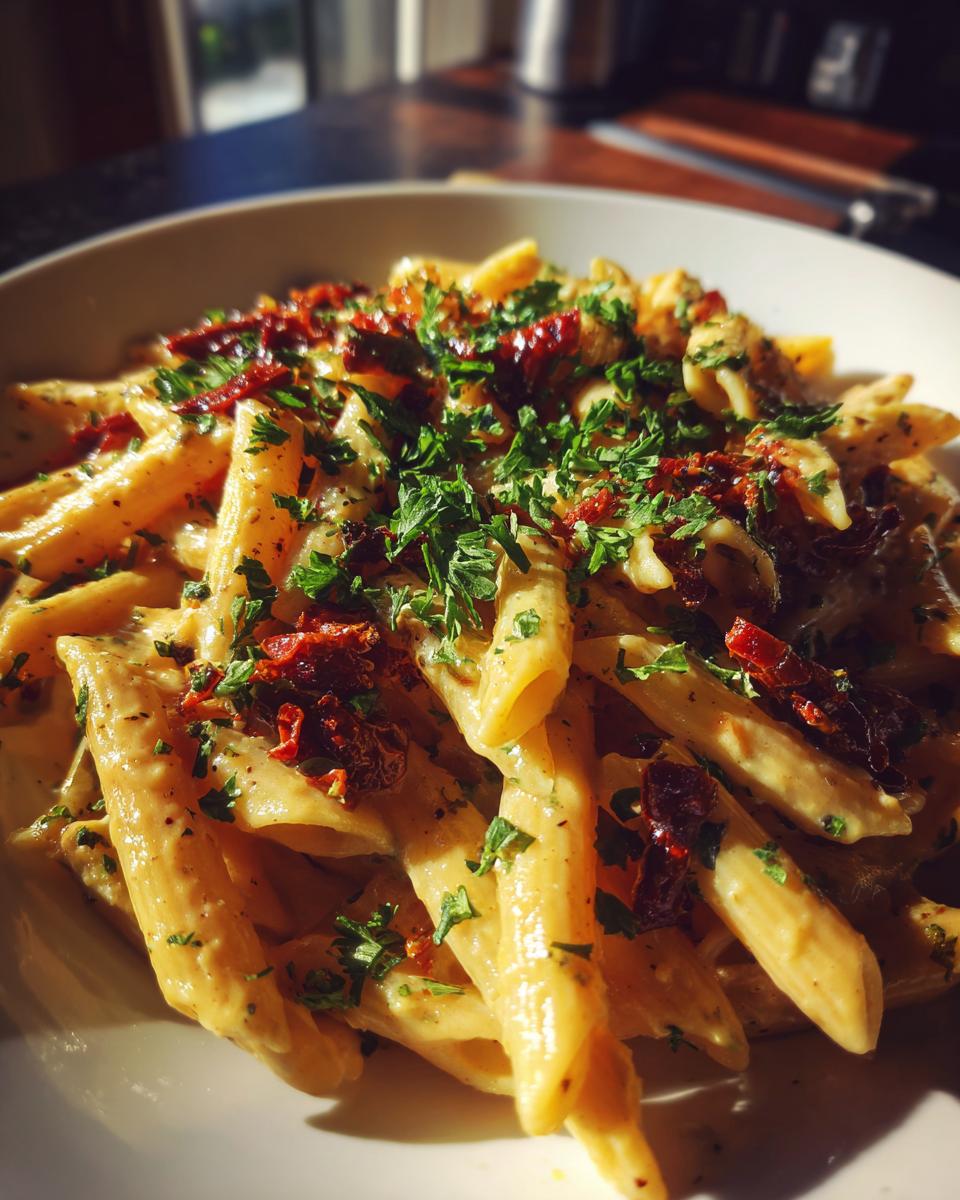 Close-up of creamy garlic sun dried tomato pasta garnished with fresh parsley in a white bowl.