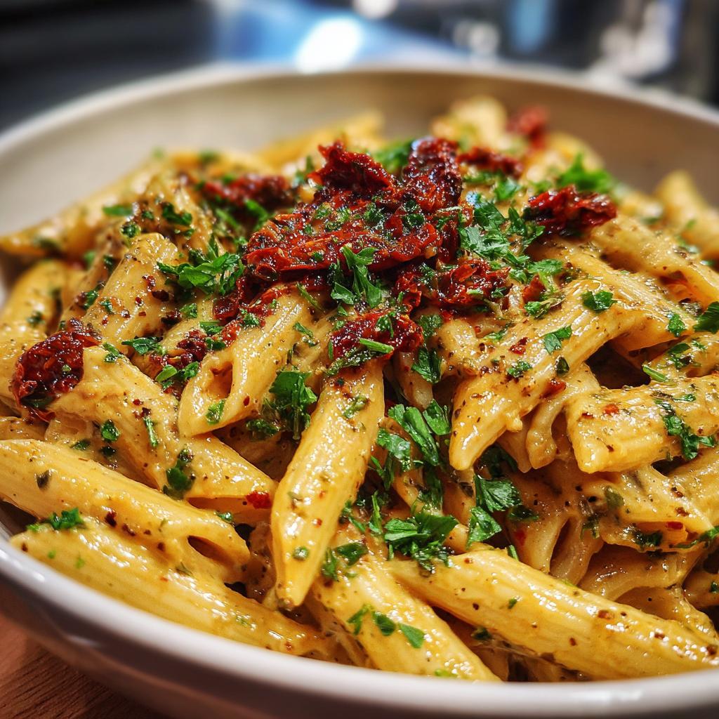 Close-up of creamy garlic sun dried tomato pasta garnished with chopped parsley
