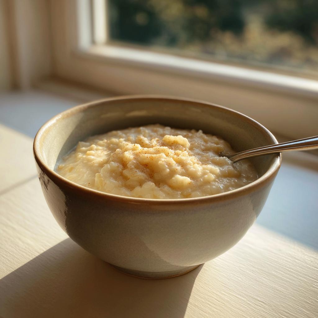 Bowl of creamy homemade vanilla bean rice pudding dessert with a spoon, natural light.