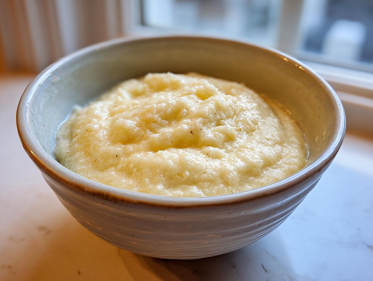 Bowl of creamy homemade vanilla bean rice pudding dessert on a marble countertop.