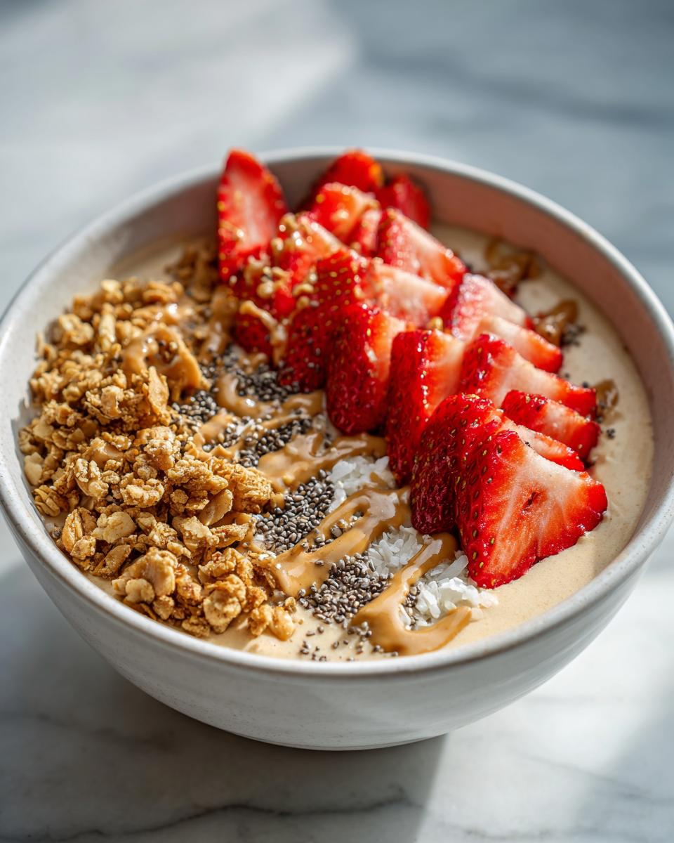 Peanut butter smoothie bowl topped with sliced strawberries, granola, chia seeds, and drizzled peanut butter.