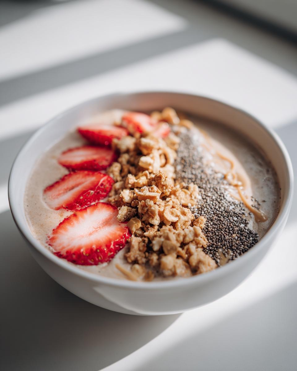 Peanut butter smoothie bowl topped with sliced strawberries, granola, chia seeds, and peanut butter drizzle in a white bowl.