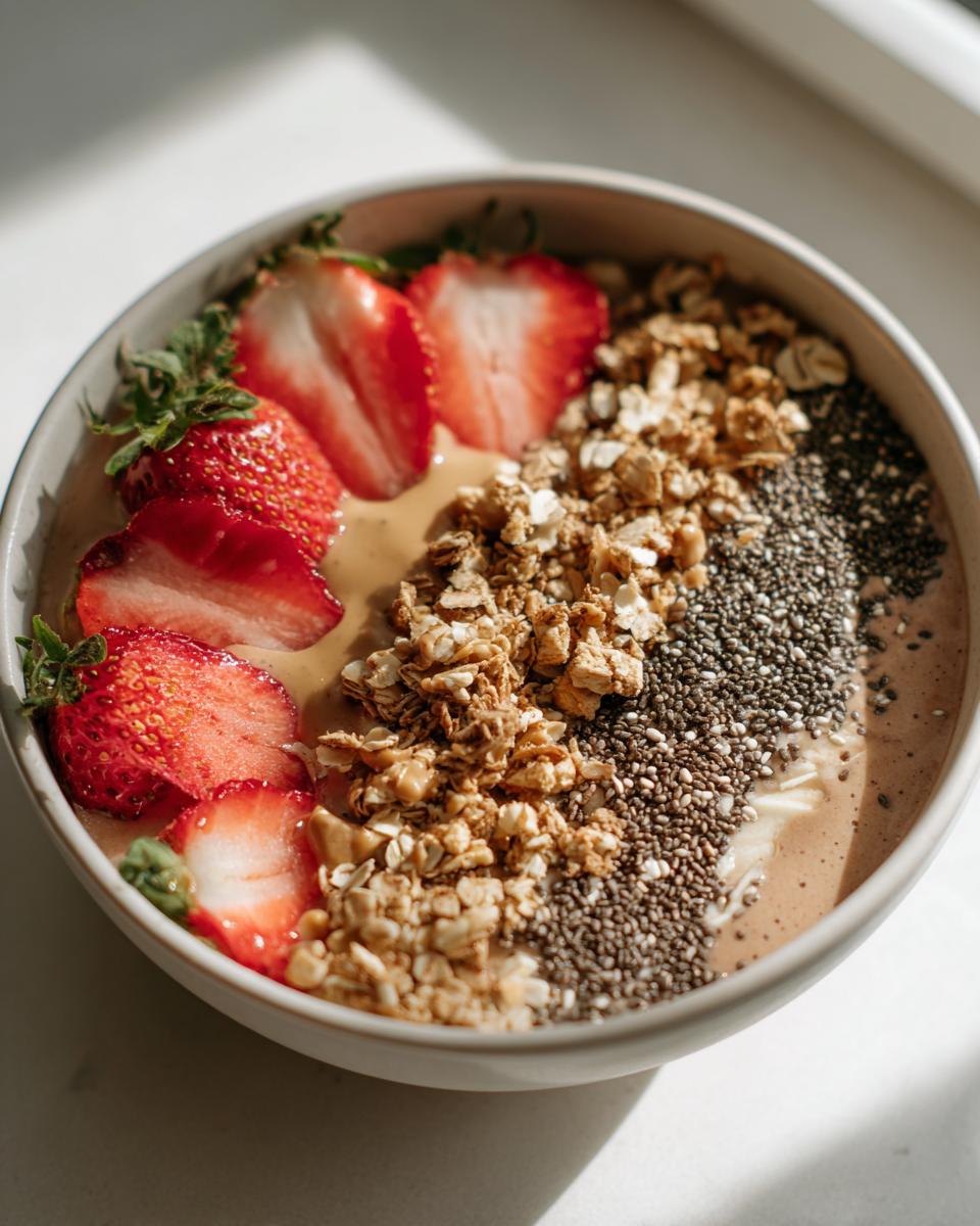 Peanut butter smoothie bowl topped with sliced strawberries, granola, and chia seeds in a white bowl.