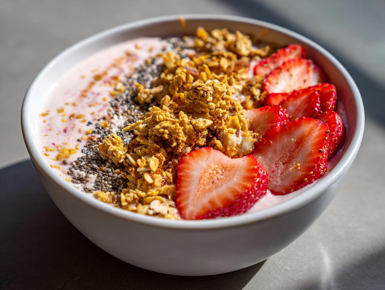 Peanut butter smoothie bowl topped with granola, chia seeds, and sliced strawberries in a white bowl.