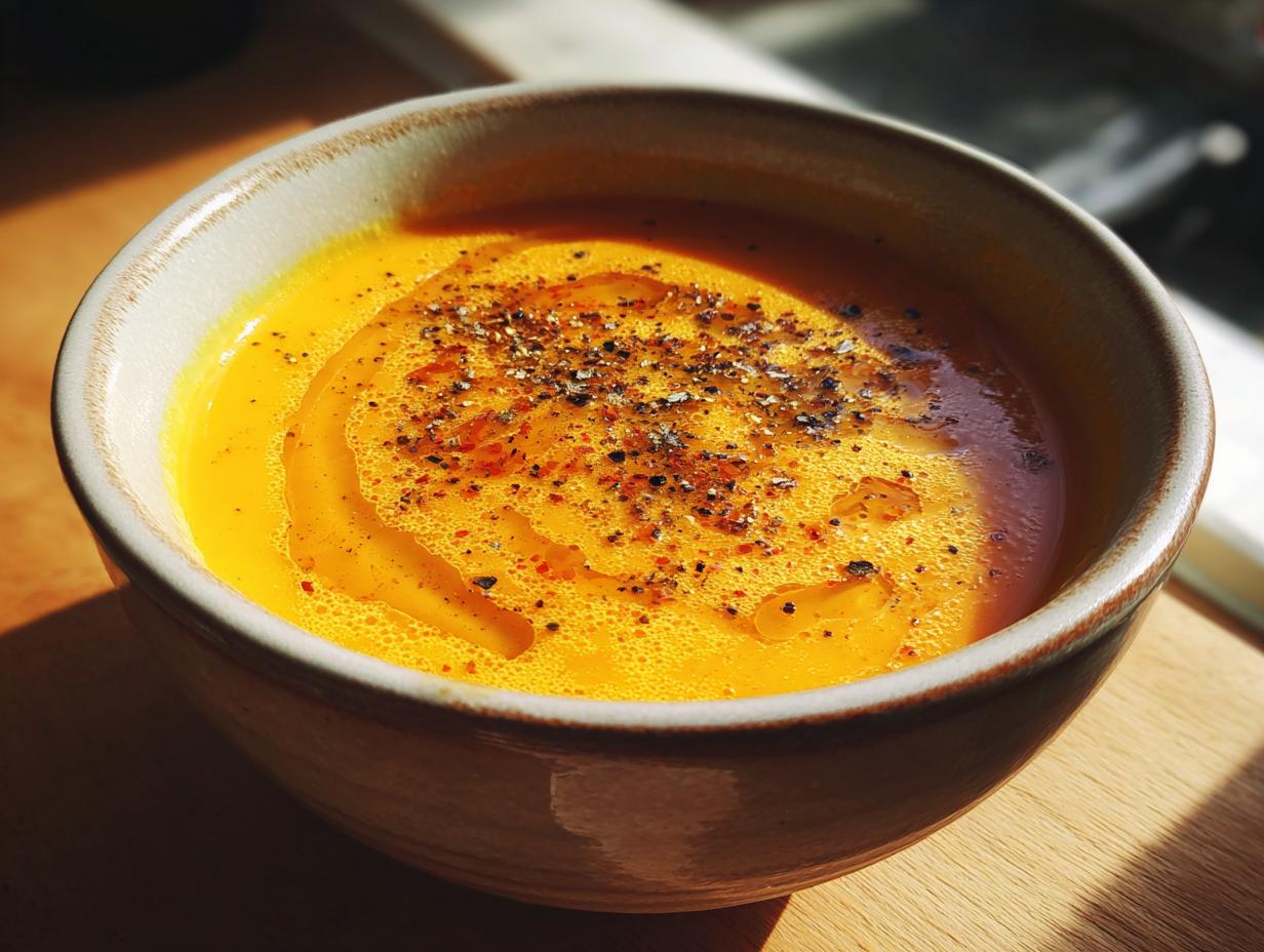 Bowl of roasted carrot and ginger soup drizzled with oil and sprinkled with cracked black pepper