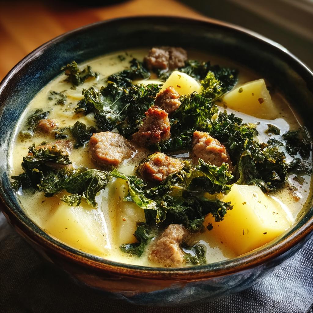 Bowl of creamy sausage potato and kale soup with chunks of sausage, potatoes, and kale.