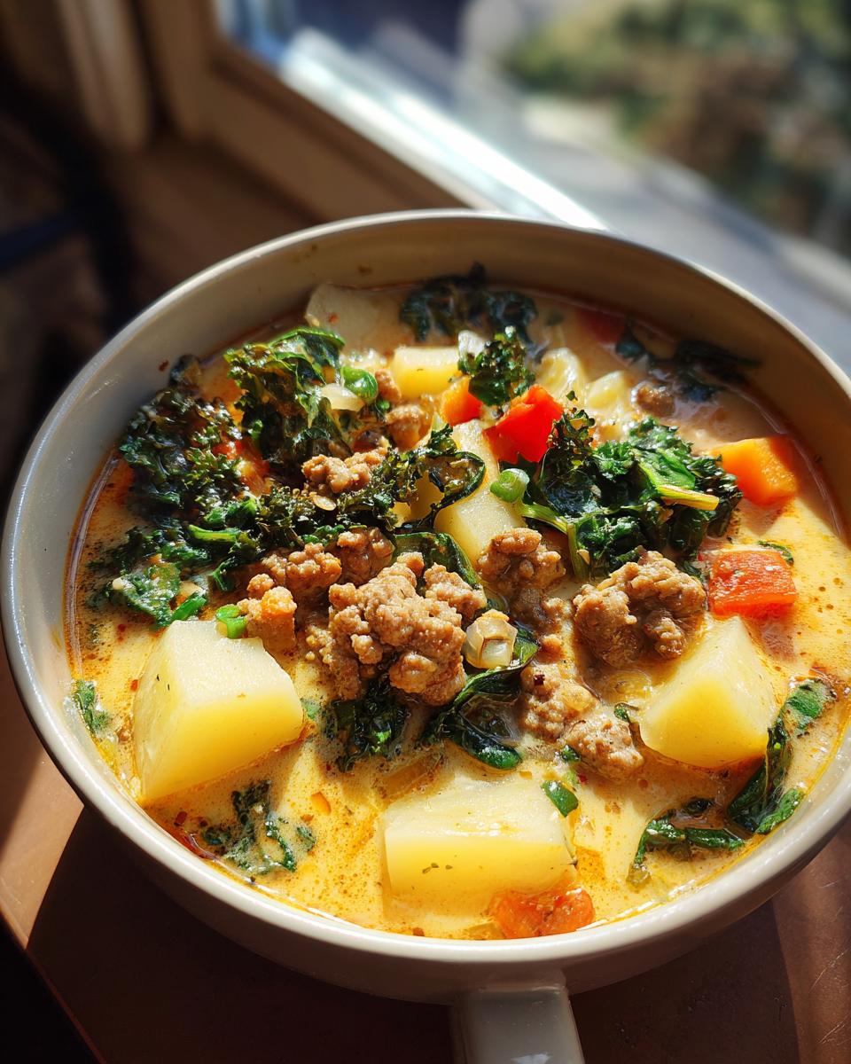 Close-up of creamy sausage potato and kale soup with chunks of potatoes and sausage in a bowl.
