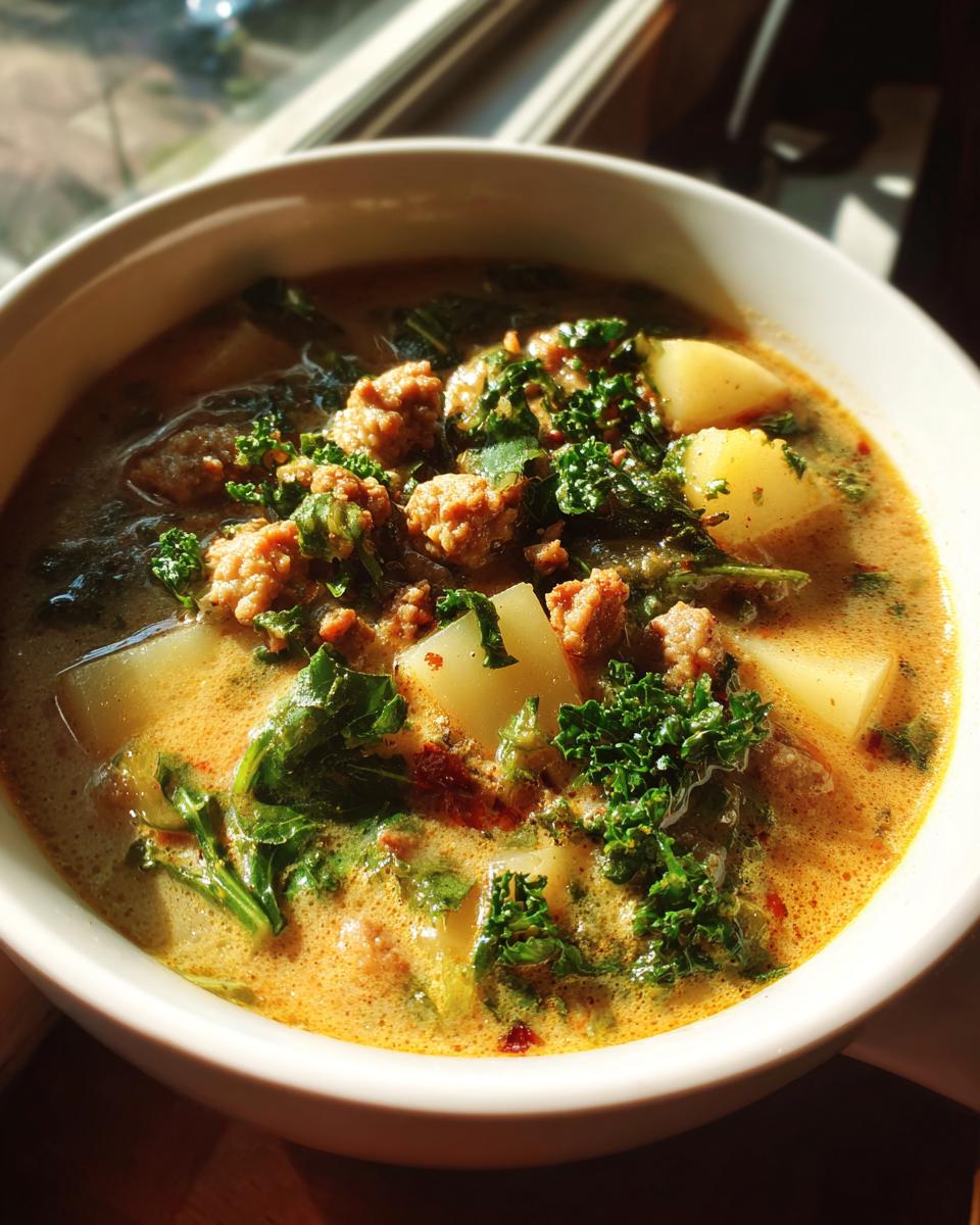 Close-up of creamy sausage potato and kale soup with chunks of potatoes and sausage pieces.