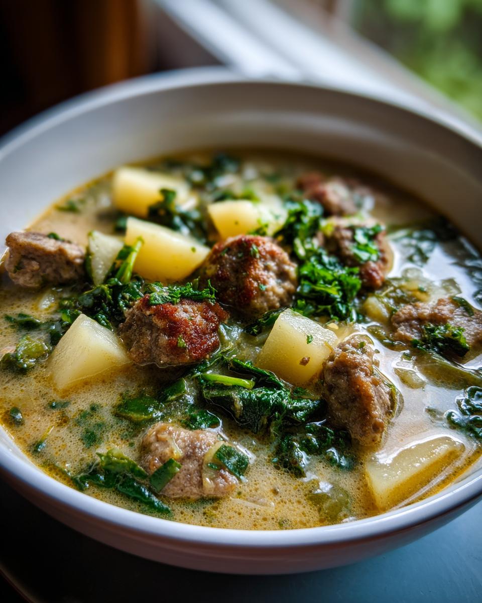 Close-up of creamy sausage potato and kale soup with chunks of sausage, potatoes, and kale in a bowl.