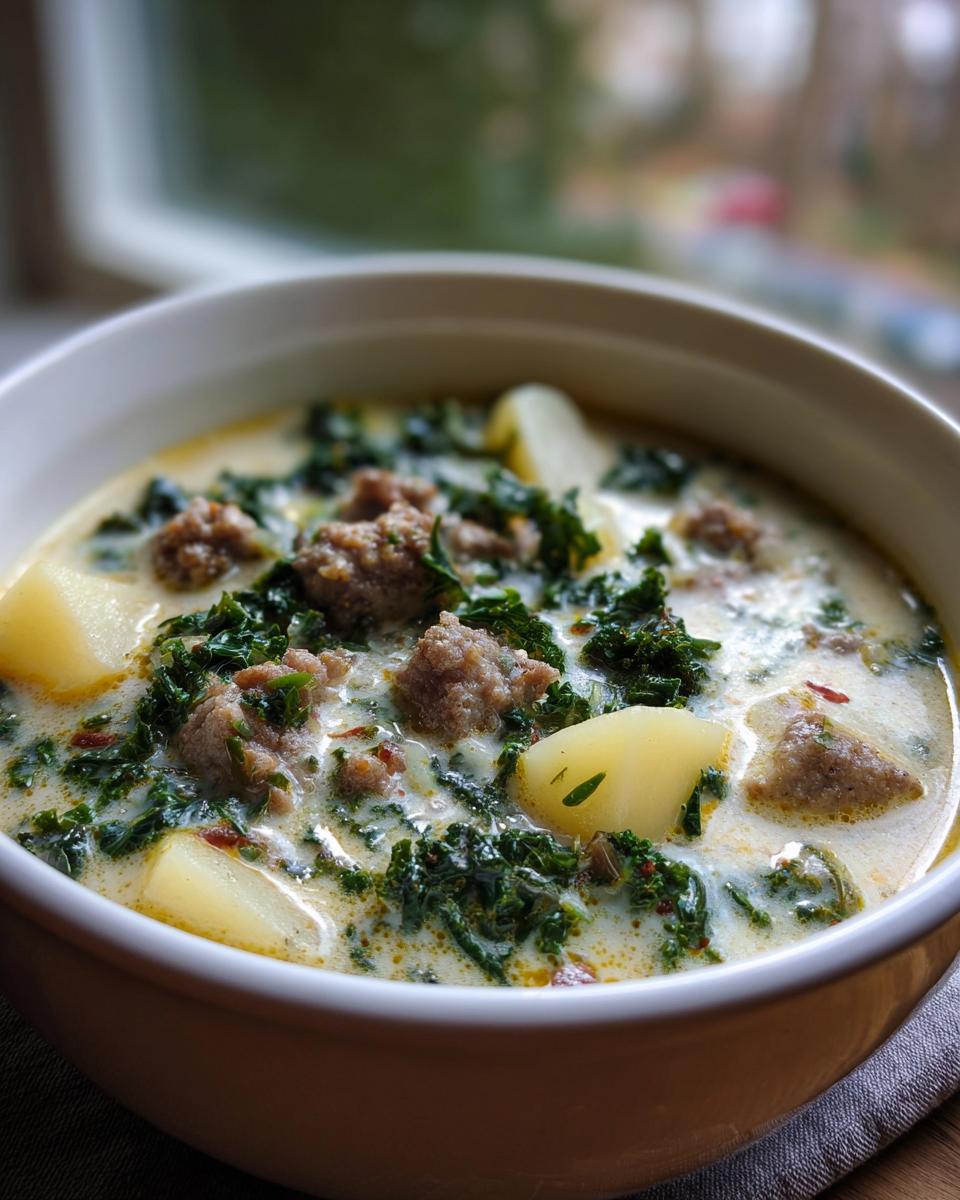 Creamy sausage potato and kale soup in a bowl with chunks of sausage, potatoes, and kale