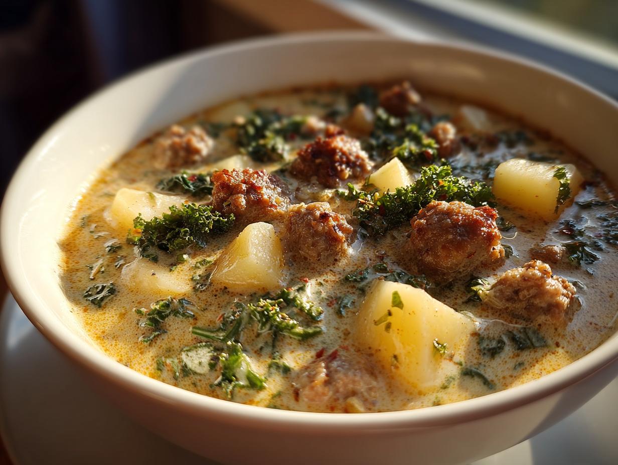 Bowl of creamy sausage potato and kale soup with chunks of potato, sausage, and kale.