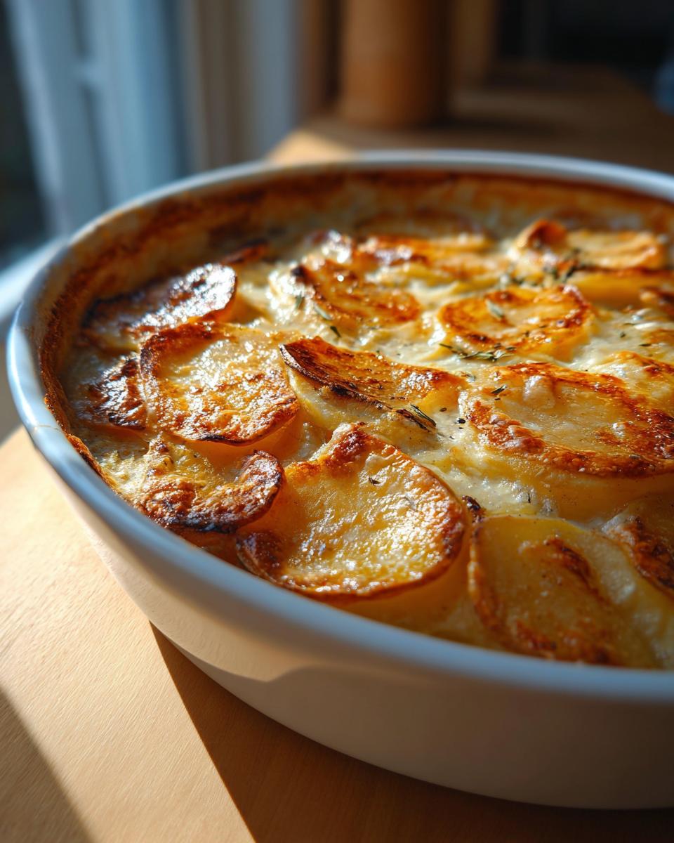 Close-up of creamy scalloped potatoes baked golden brown in a white ceramic dish.