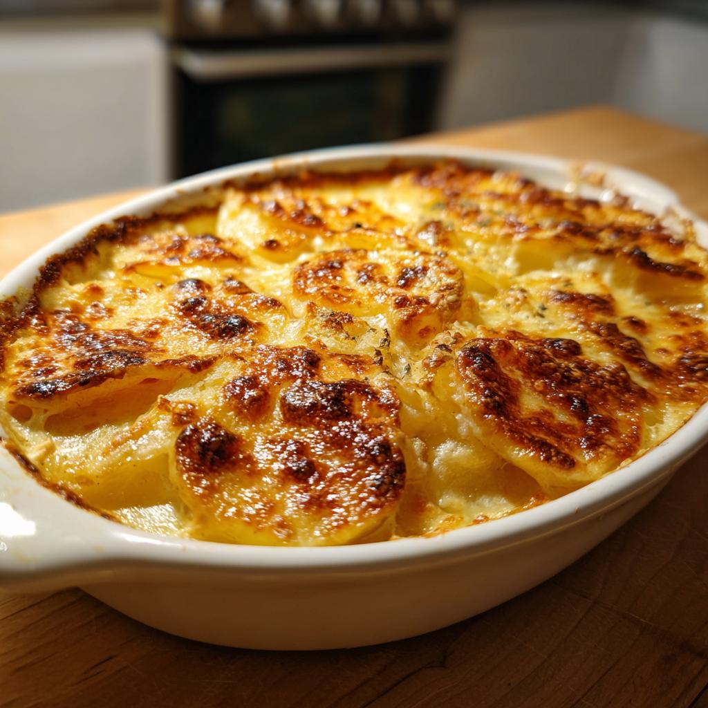 Close-up of creamy scalloped potatoes with a golden brown crust in a white baking dish.