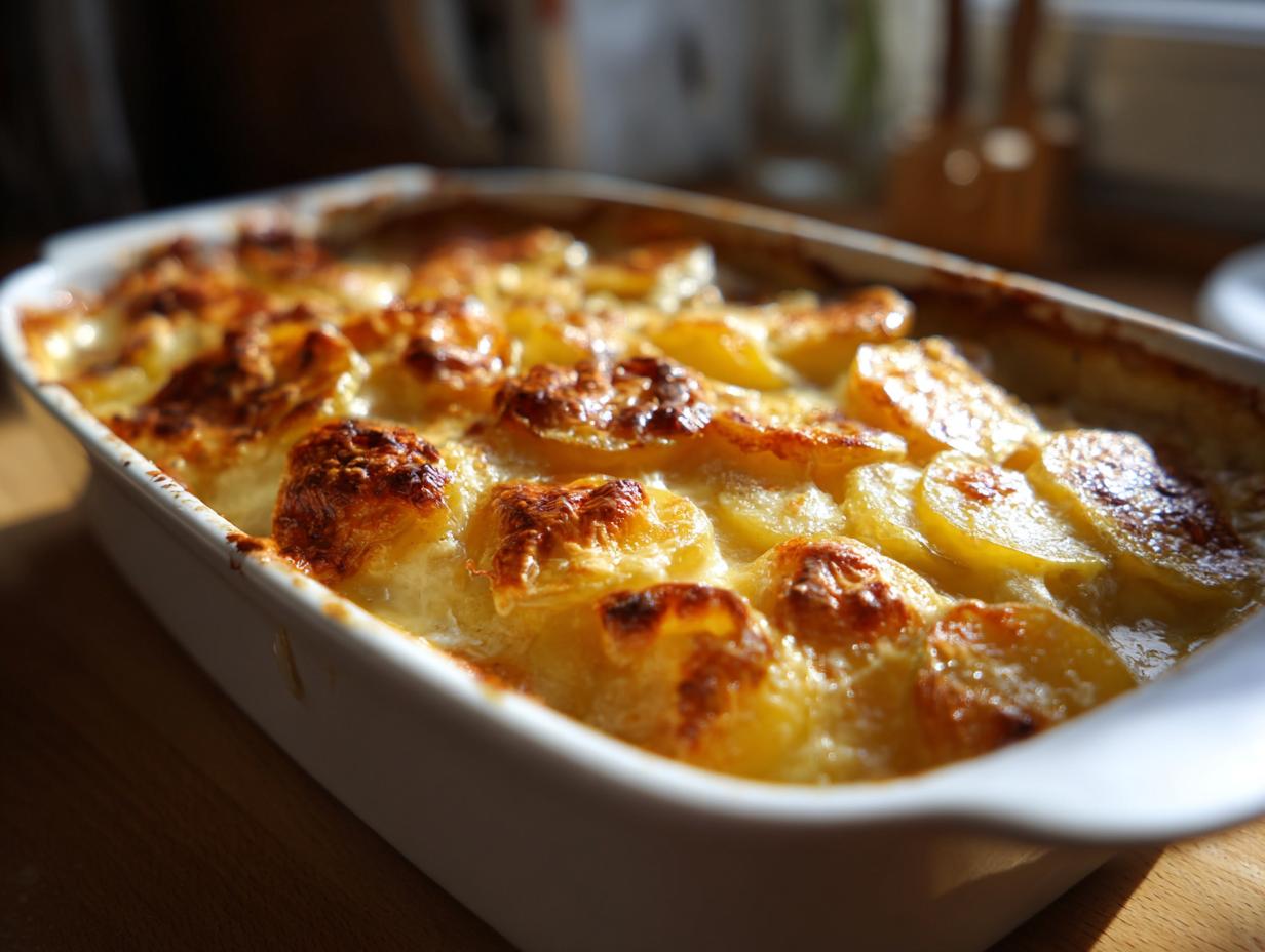 Close-up of creamy scalloped potatoes with golden brown melted cheese in a white baking dish.