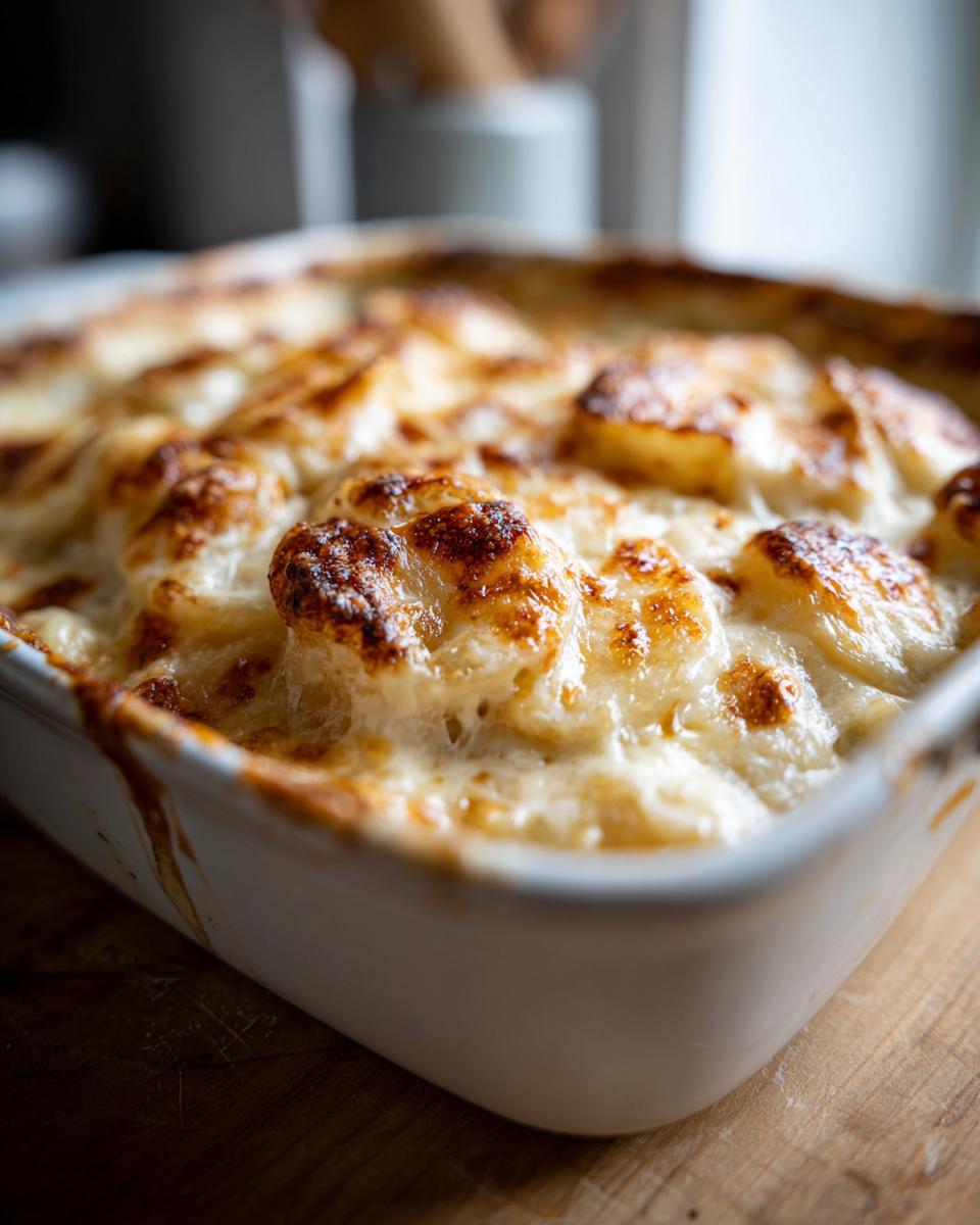 Close-up of creamy scalloped potatoes baked to golden brown in a white dish.