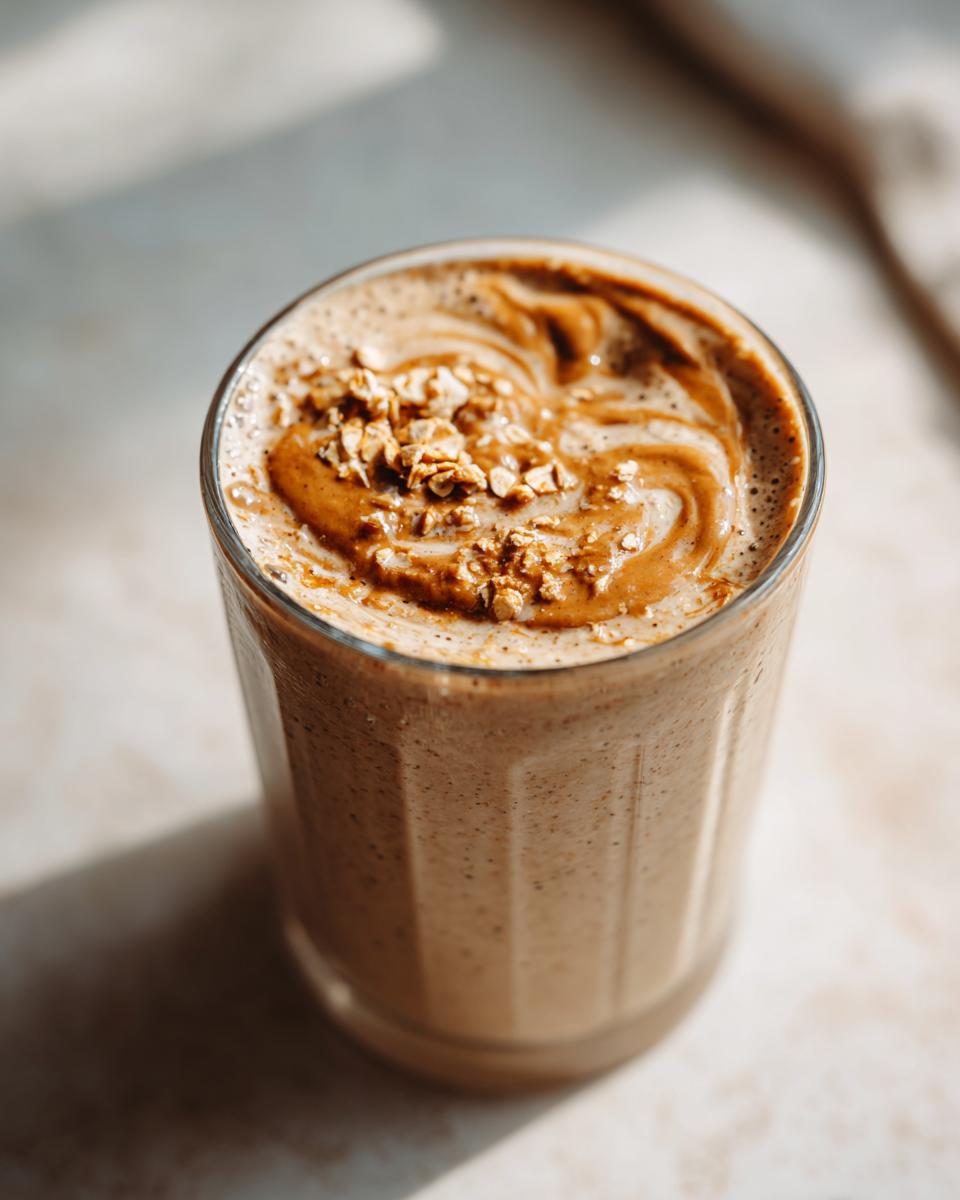 Close-up of creamy smoothie with oats and peanut butter topped with oat flakes in a clear glass.