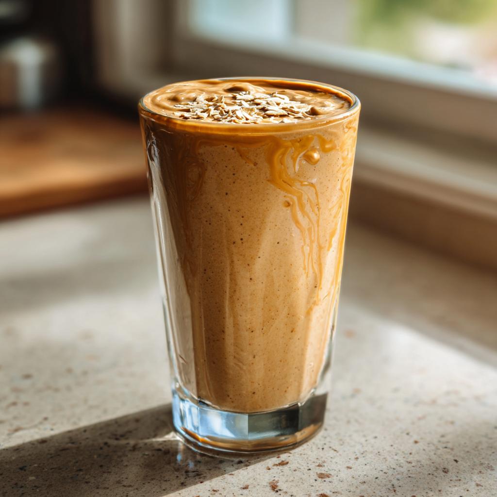 Close-up of a creamy smoothie with oats and peanut butter topped with oats in a clear glass