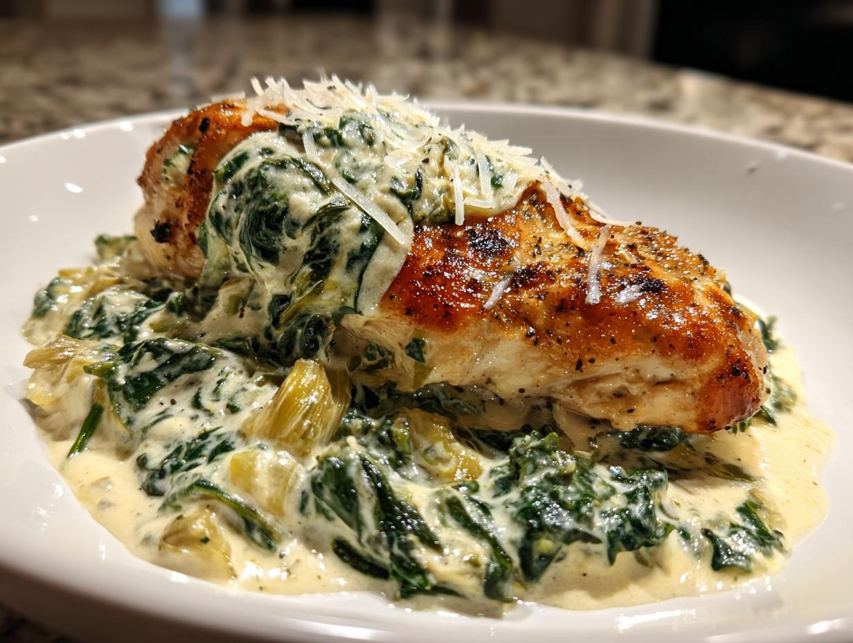 Close-up of spinach artichoke chicken with creamy sauce topped with grated cheese on white plate.