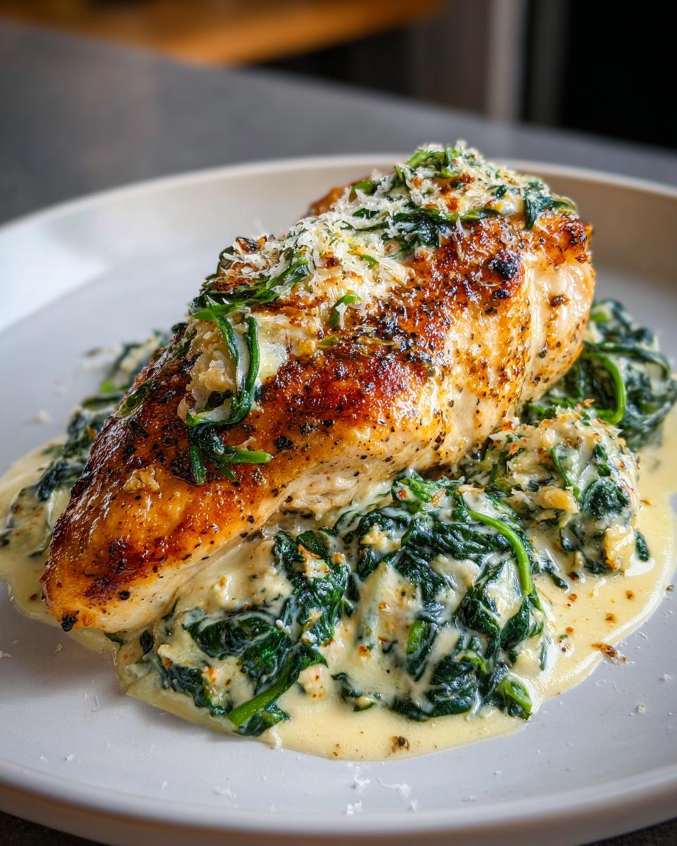 Grilled chicken breast topped with creamy spinach artichoke sauce on a white plate.