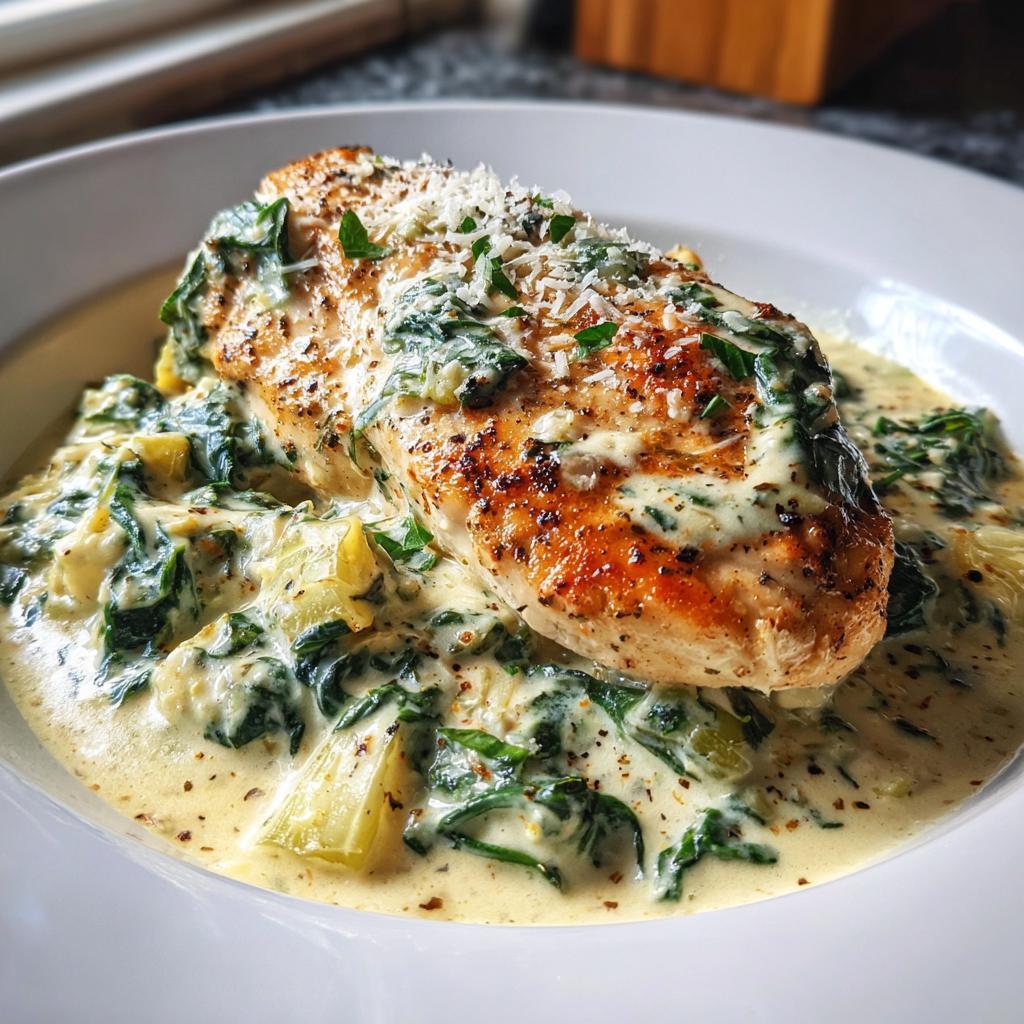 Grilled chicken breast covered with creamy spinach artichoke sauce on a white plate.