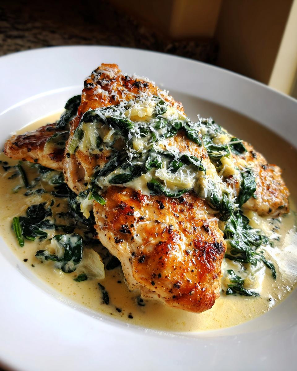 Plate of spinach artichoke chicken with creamy sauce and grated cheese