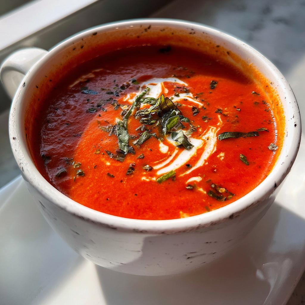 A white bowl filled with creamy tomato basil soup light version topped with fresh basil and a swirl of cream