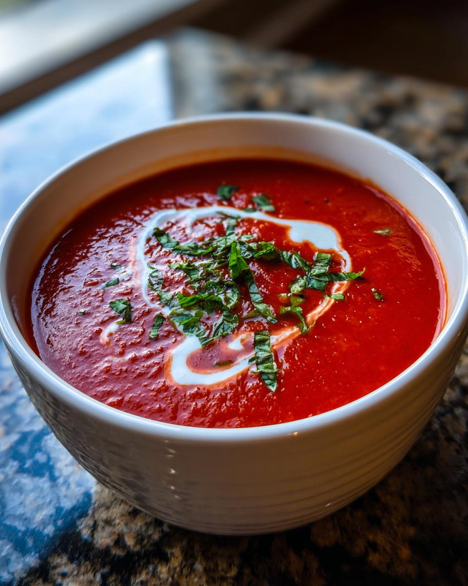 Bowl of creamy tomato basil soup light version garnished with fresh basil and cream swirl