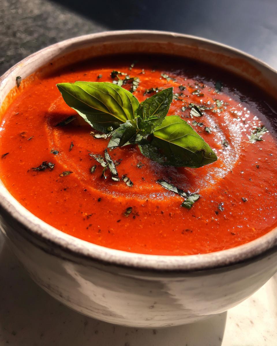 Bowl of creamy tomato basil soup light version garnished with fresh basil leaves and herbs.