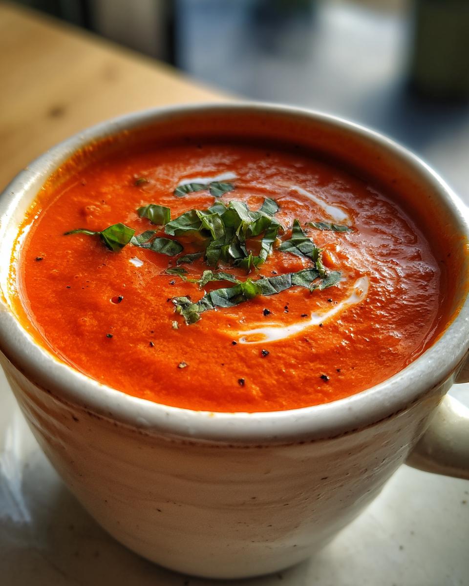 A white mug filled with creamy tomato basil soup light version garnished with fresh basil and pepper.