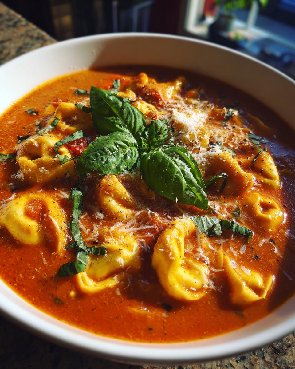 Bowl of creamy tomato basil tortellini soup garnished with fresh basil and parmesan cheese.