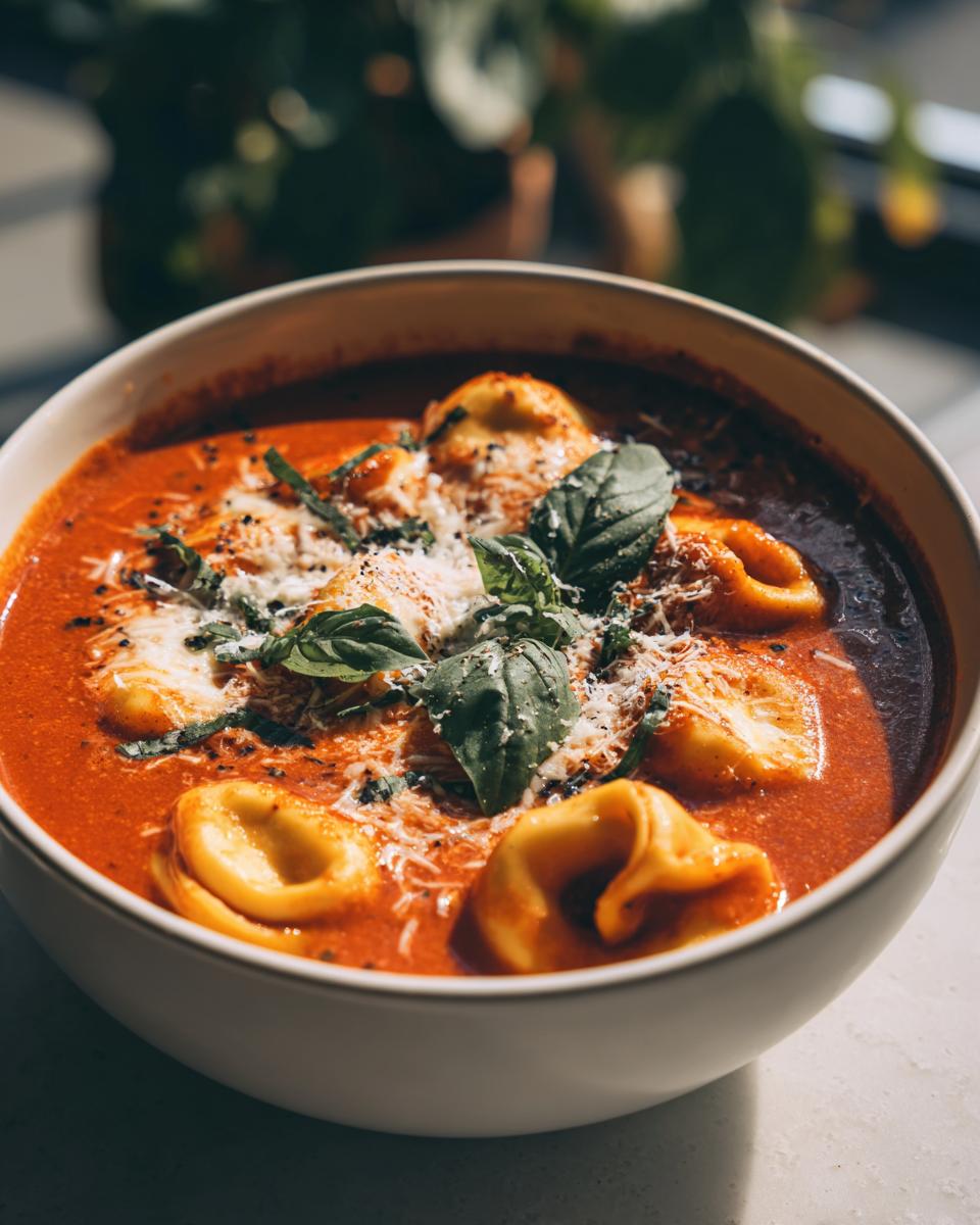 Bowl of creamy tomato basil tortellini soup garnished with fresh basil and grated cheese