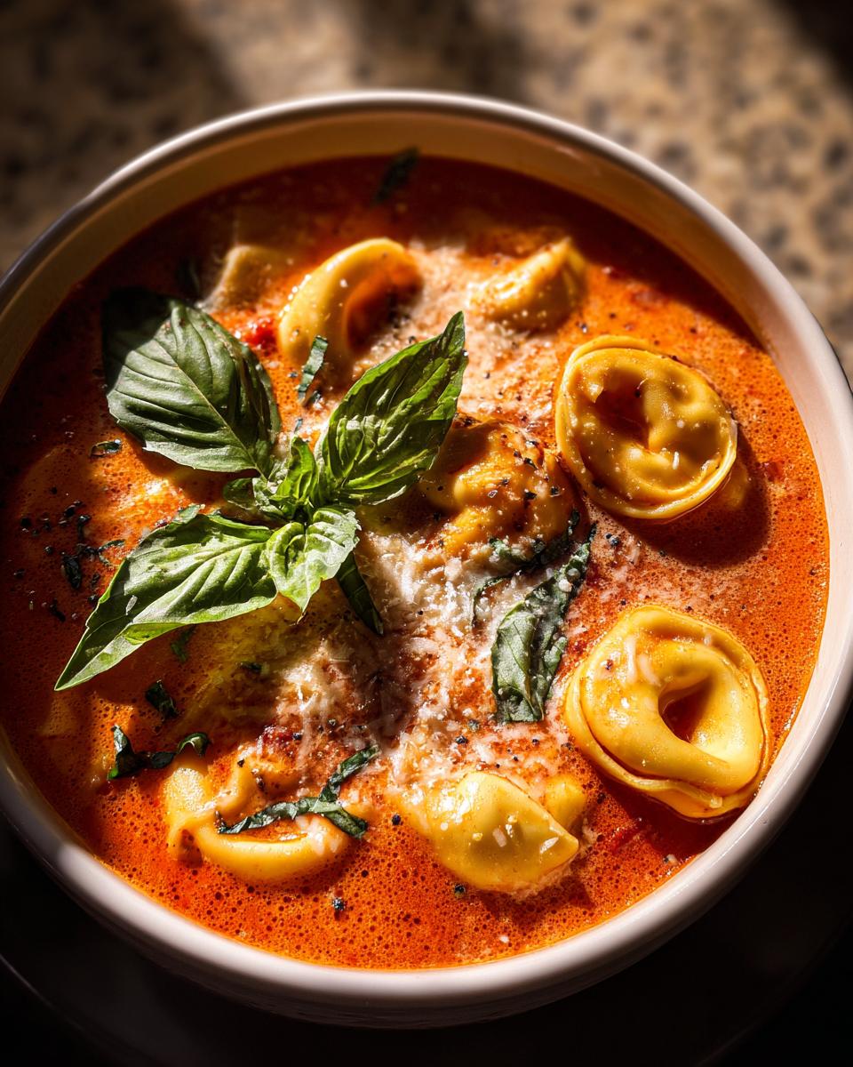 Close-up of creamy tomato basil tortellini soup with fresh basil and grated cheese