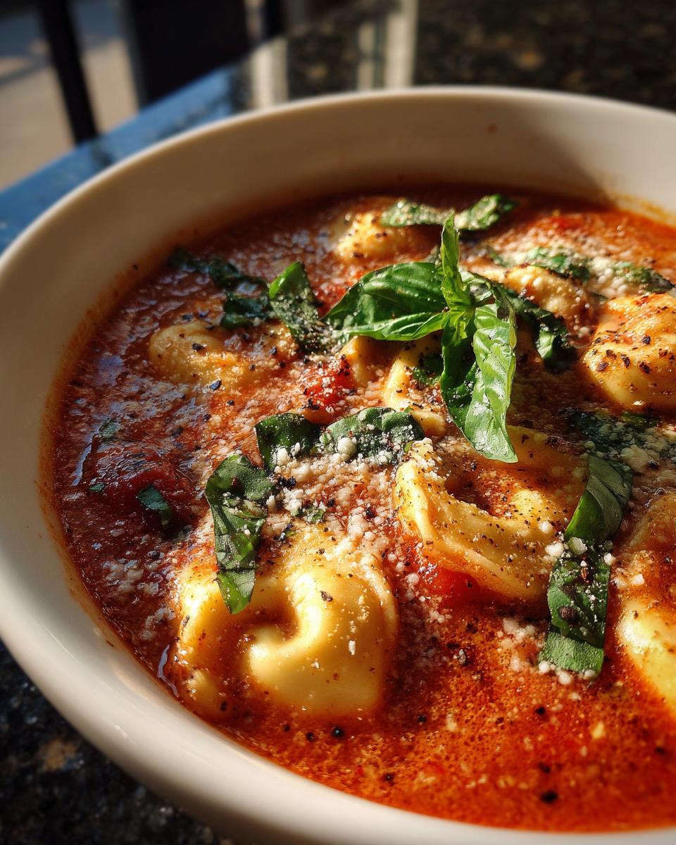 Bowl of creamy tomato basil tortellini soup garnished with fresh basil and grated cheese