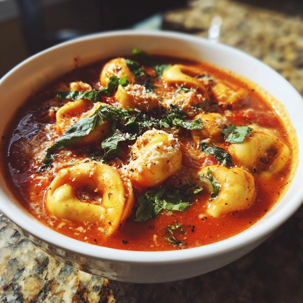 Bowl of creamy tomato basil tortellini soup garnished with fresh basil and grated cheese