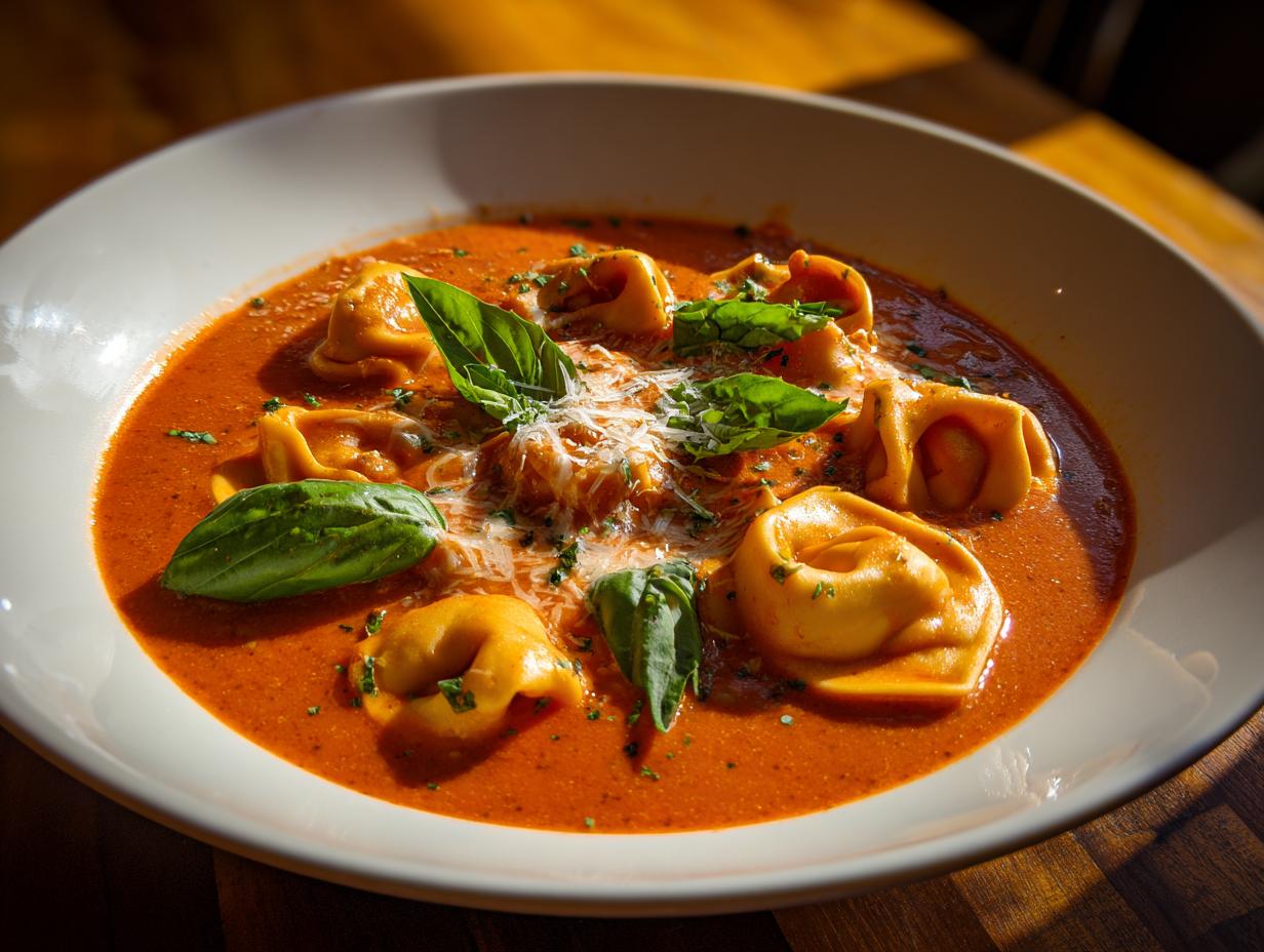 White bowl of creamy tomato basil tortellini soup garnished with fresh basil and grated cheese