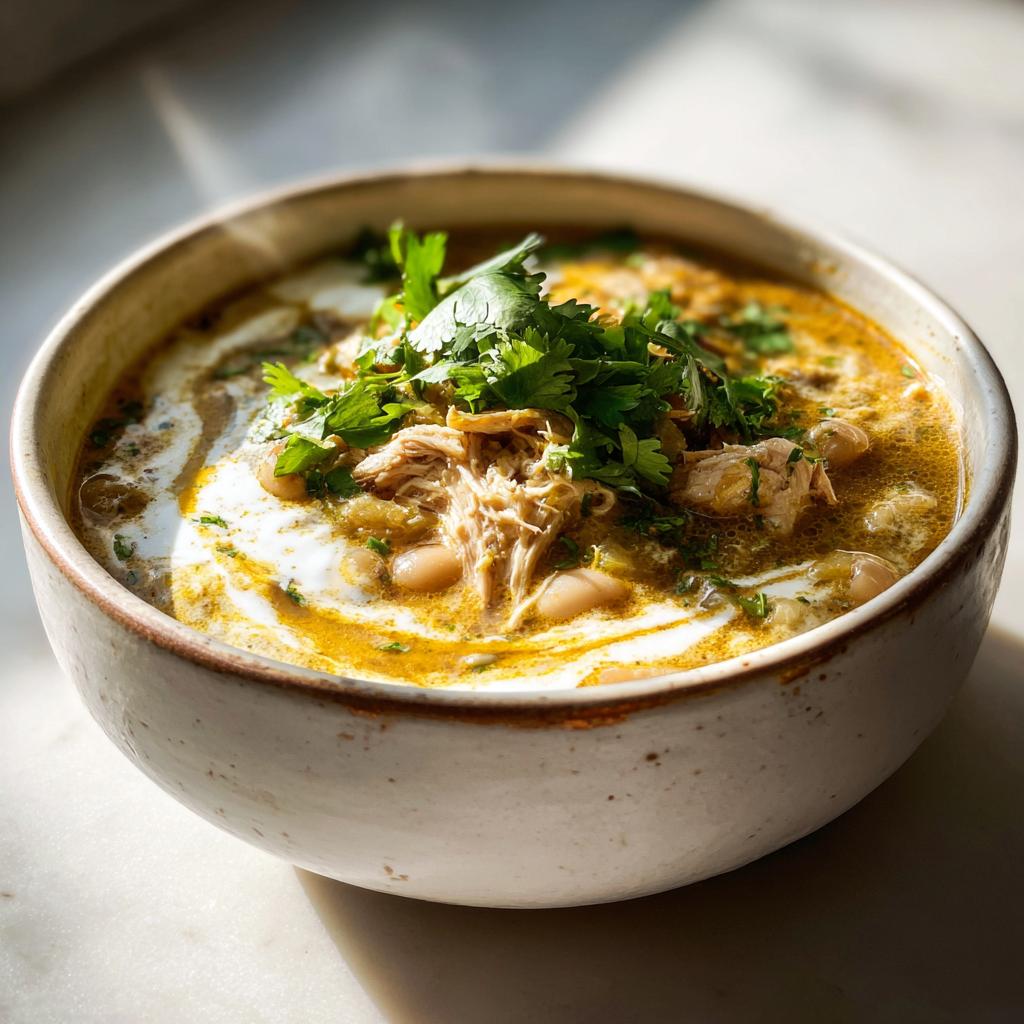 Bowl of creamy white chicken chili stovetop recipe with shredded chicken, beans, and fresh herbs