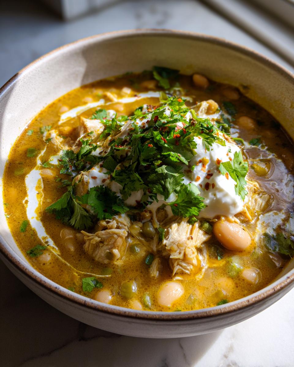 Bowl of creamy white chicken chili stovetop recipe topped with sour cream and fresh cilantro.