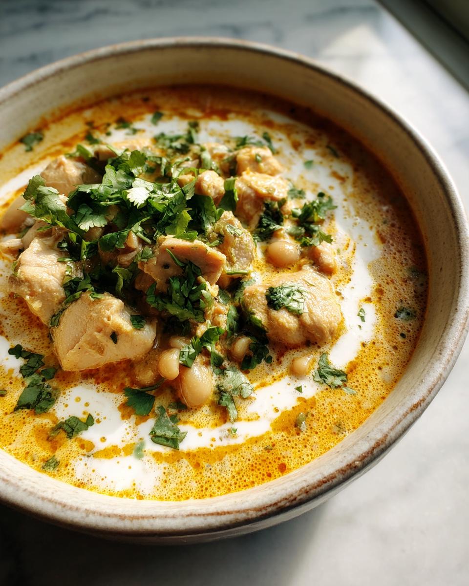 Bowl of creamy white chicken chili stovetop recipe garnished with chopped cilantro