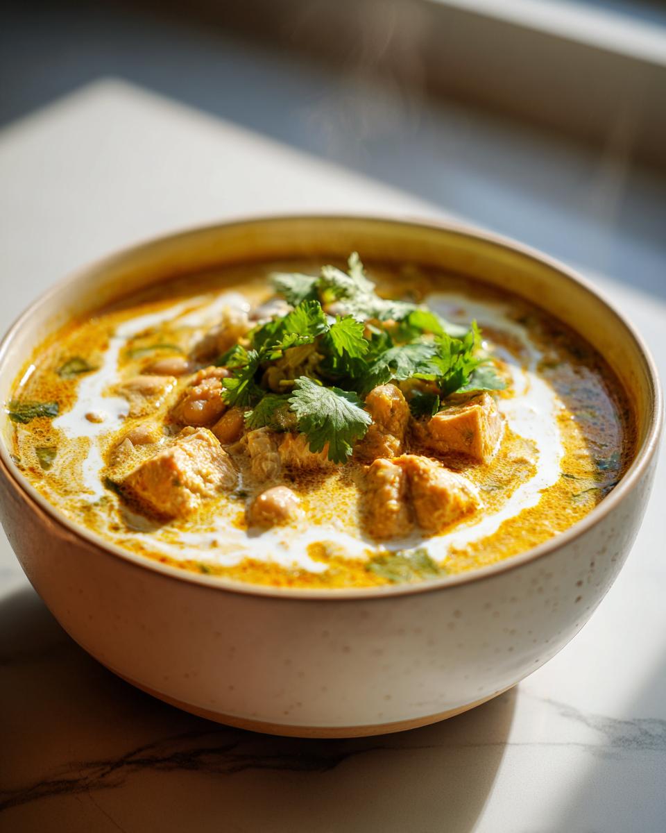 Bowl of creamy white chicken chili stovetop recipe garnished with fresh cilantro.
