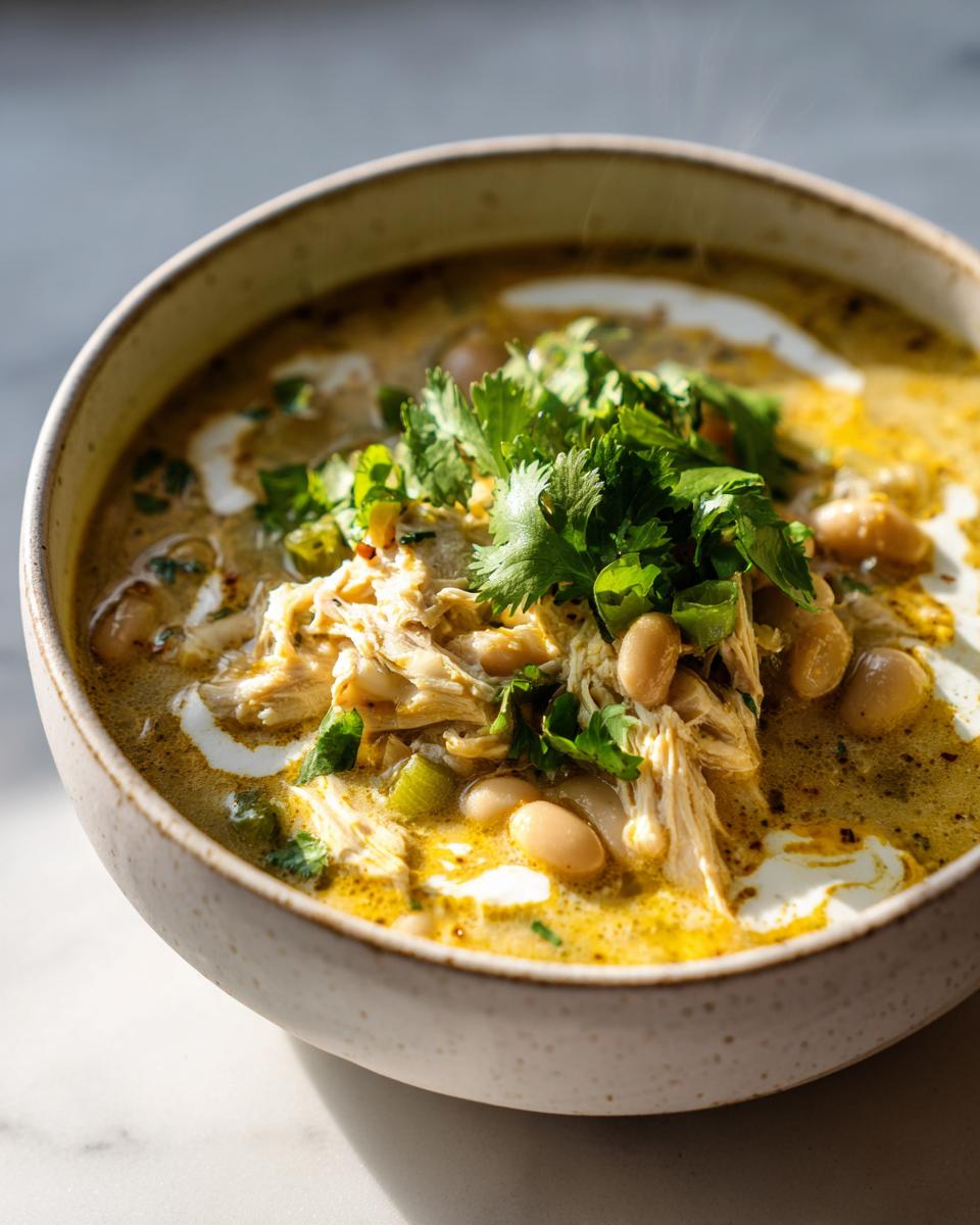 Bowl of creamy white chicken chili stovetop recipe garnished with fresh cilantro
