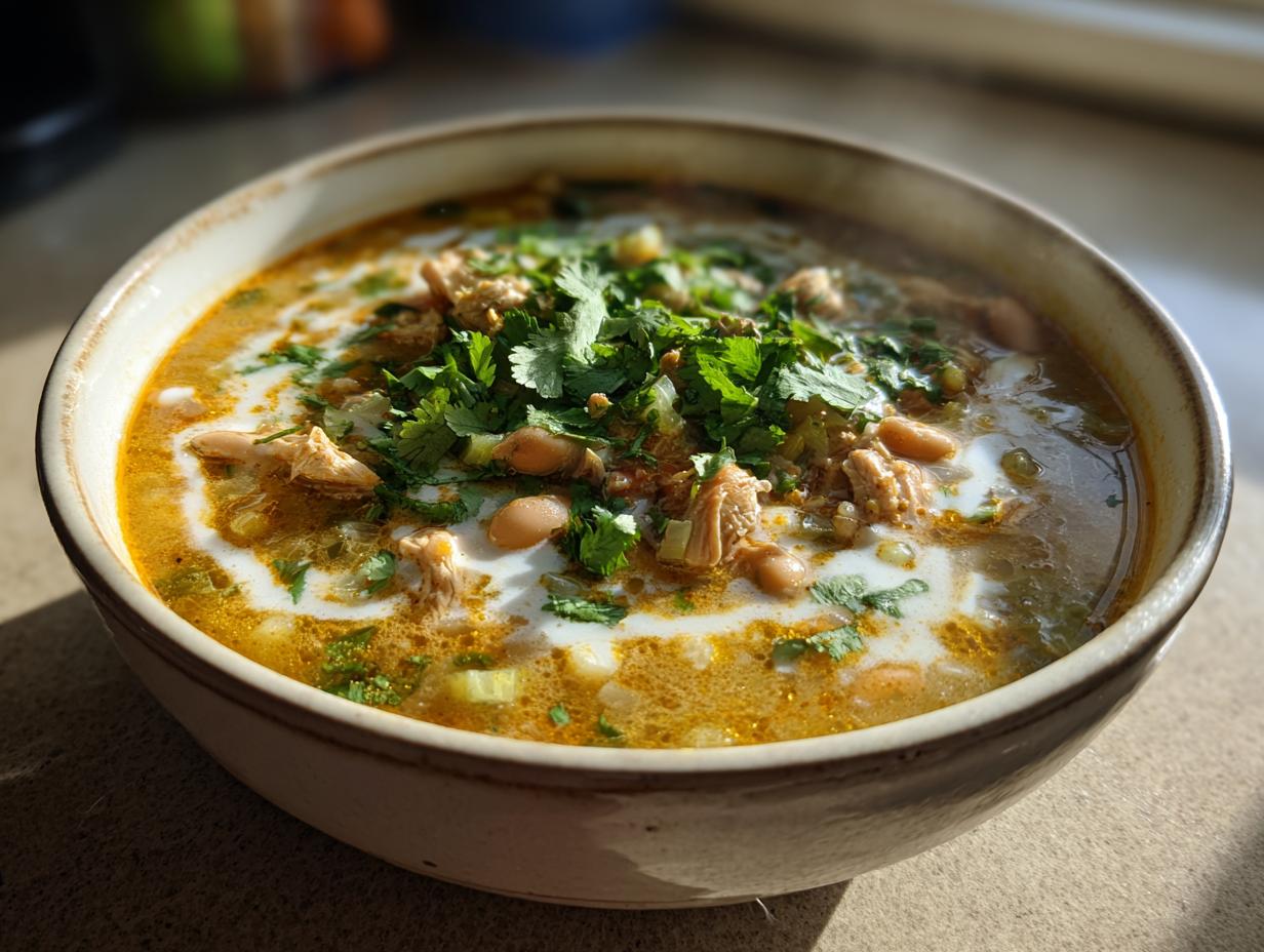 Bowl of creamy white chicken chili stovetop recipe with chicken, beans, cilantro, and cream