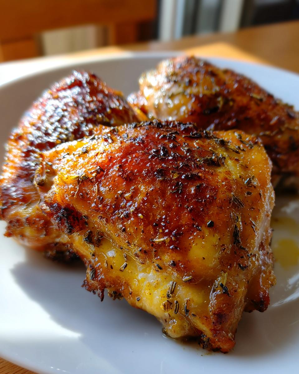 Close-up of golden brown crispy baked chicken thighs seasoned with herbs on a white plate.